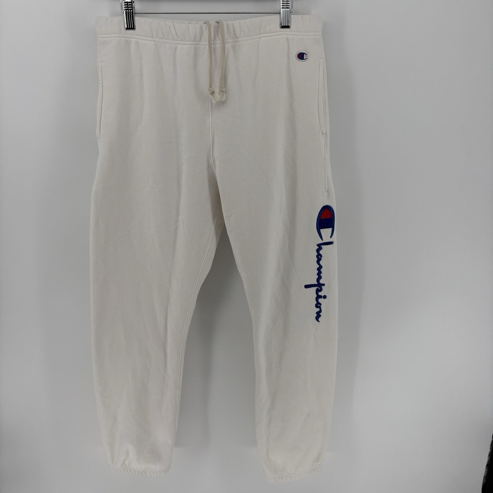 Champion Reverse Weave Pants Men Large White Joggers Sweatpants Logo Cuff Pant